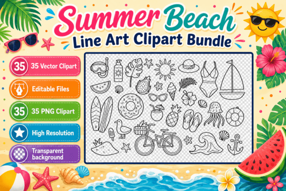 Download Summer Beach Line Art Clipart Bundle - Clipart Collection