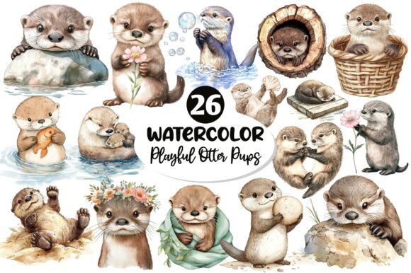 Download Watercolor Playful Otter Pups Clipart - Clipart Collection